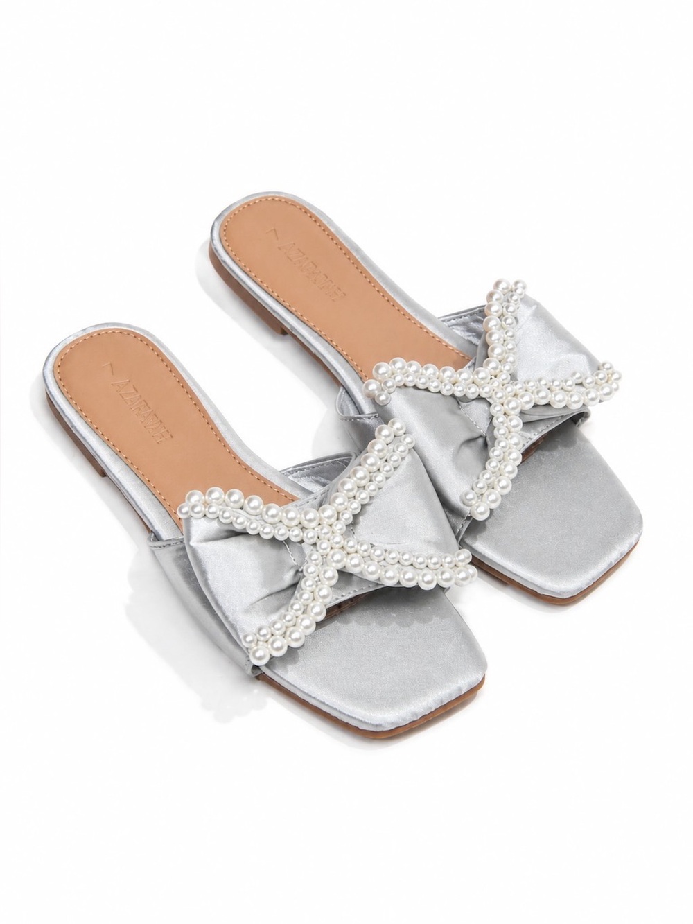 Luxe Pearl Bow Slide Silver Sandals – Satin Square-Toe Slip-On Flats